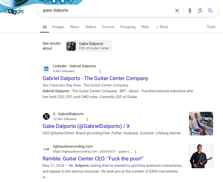 Google search results for Gabe dalporto