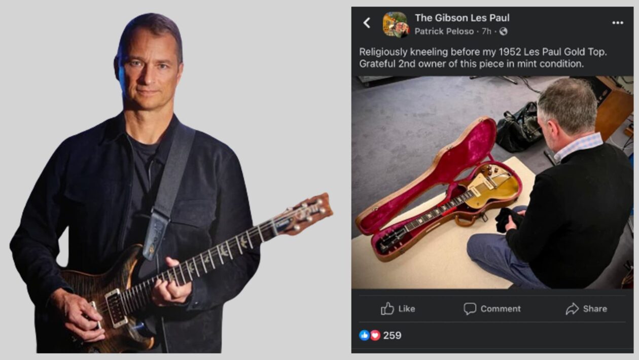 guitar center CEO Gabe Dalporto and a Facebook screenshot of an idiot gushing over an expensive guitar