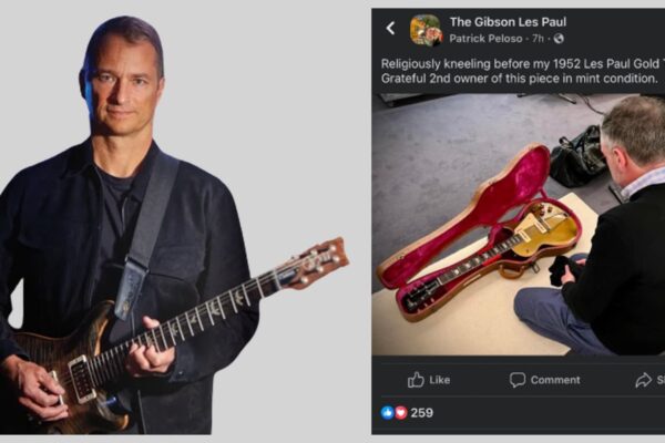 guitar center CEO Gabe Dalporto and a Facebook screenshot of an idiot gushing over an expensive guitar