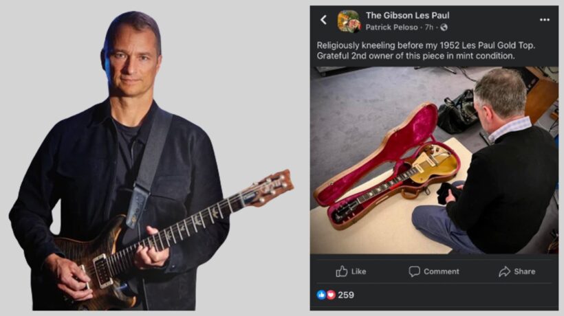 guitar center CEO Gabe Dalporto and a Facebook screenshot of an idiot gushing over an expensive guitar