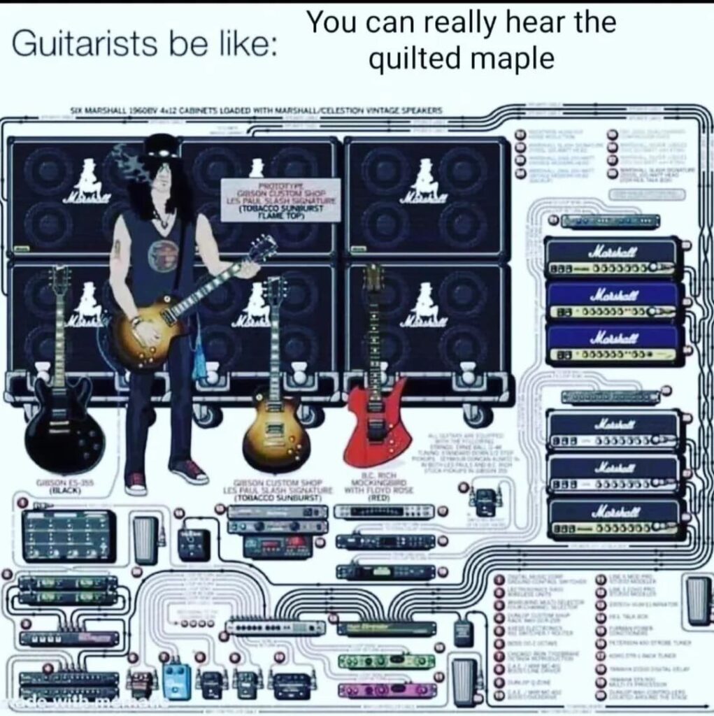 meme with graphic of the guitarist, Slash, with all the gear in his guitar rig, with the text, "guitarists be like: you can really hear the quilted maple"