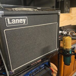 photograph of a microphone and Laney guitar amp ready to record some online demos